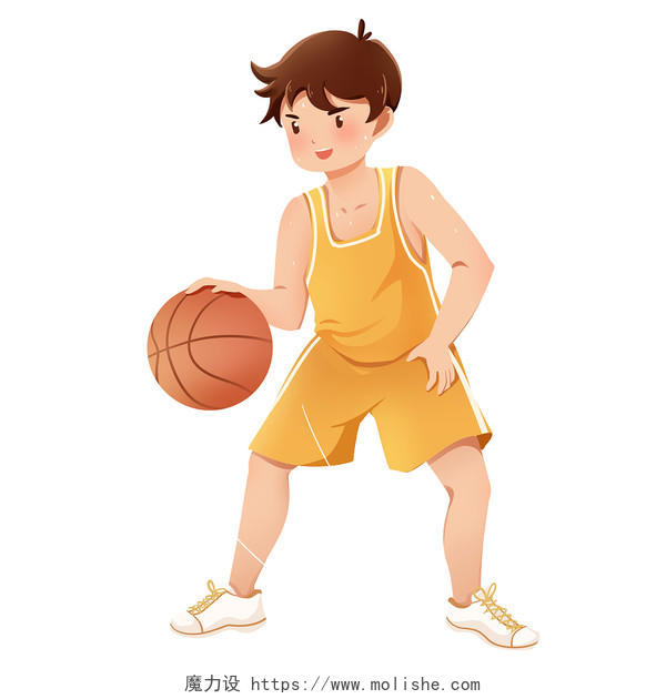 黄色手绘卡通男孩运动打篮球人物PNG素材